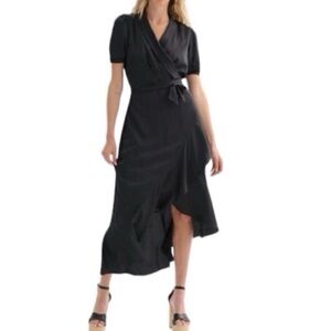 Nine West Women's L Large Faux Wrap Midi Dress Black Silky Velted Ruffle Hem